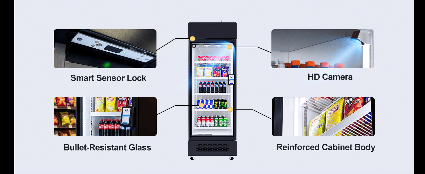 Anti-vandalism security design with bullet-resistant glass protecting unmanned retail assets